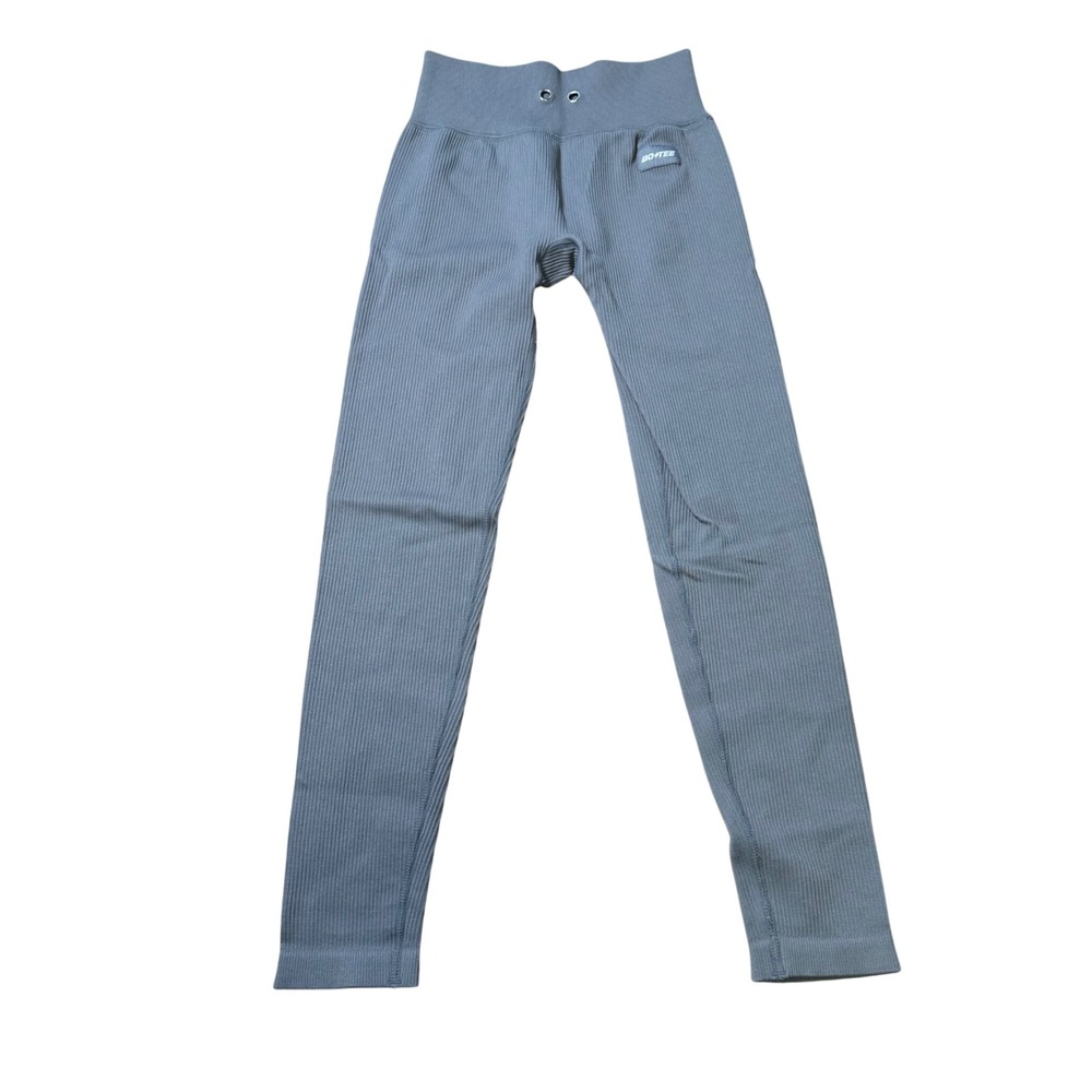 Bo+Tee Womens Ribbed Seamless High Waisted Leggings Grey Blue Gym Activewear